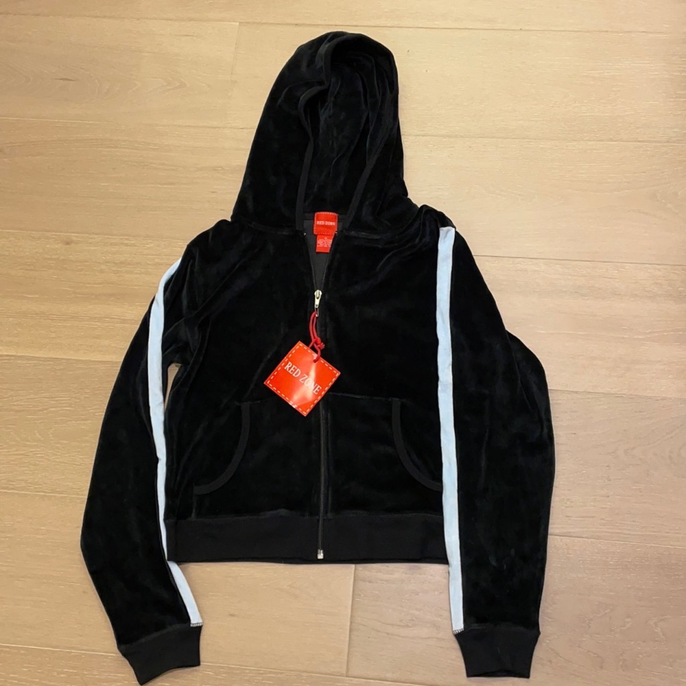 Black with white striped Valore hoodie.